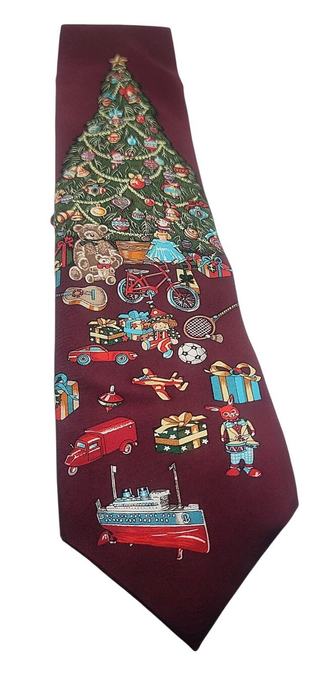 Fun Holiday Silk Neck Tie Red 58” Christmas Tree Presents Toys CB